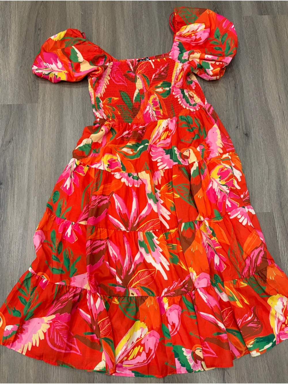 Bright Red Floral Puff-Sleeve Midi Dress
